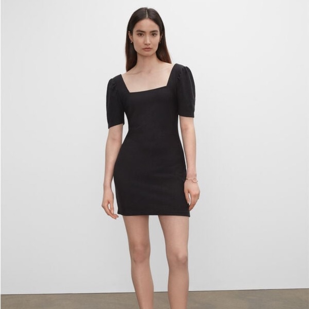 Club Monaco Black Short Puff Sleeve Ribbed Bodycon Mini Dress w/ Square Neckline